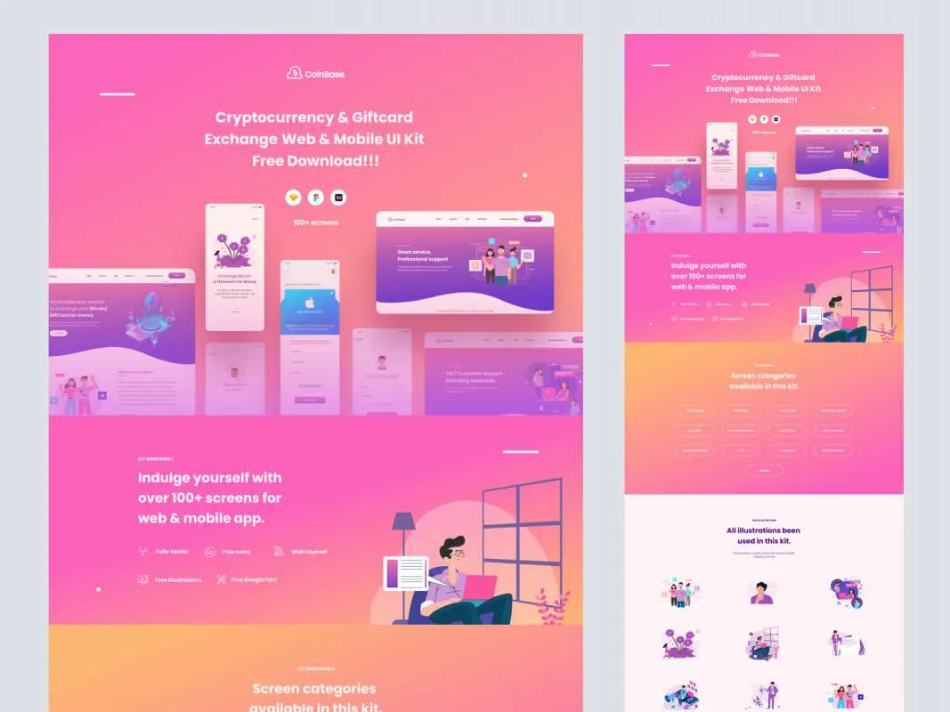 Coinbase Web and Mobile Free UI Kit for Figma and Adobe XD