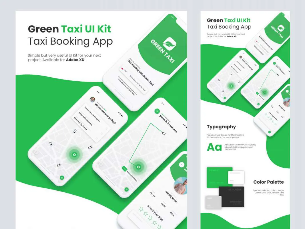Green Taxi Free App UI Kit for Figma and Adobe XD