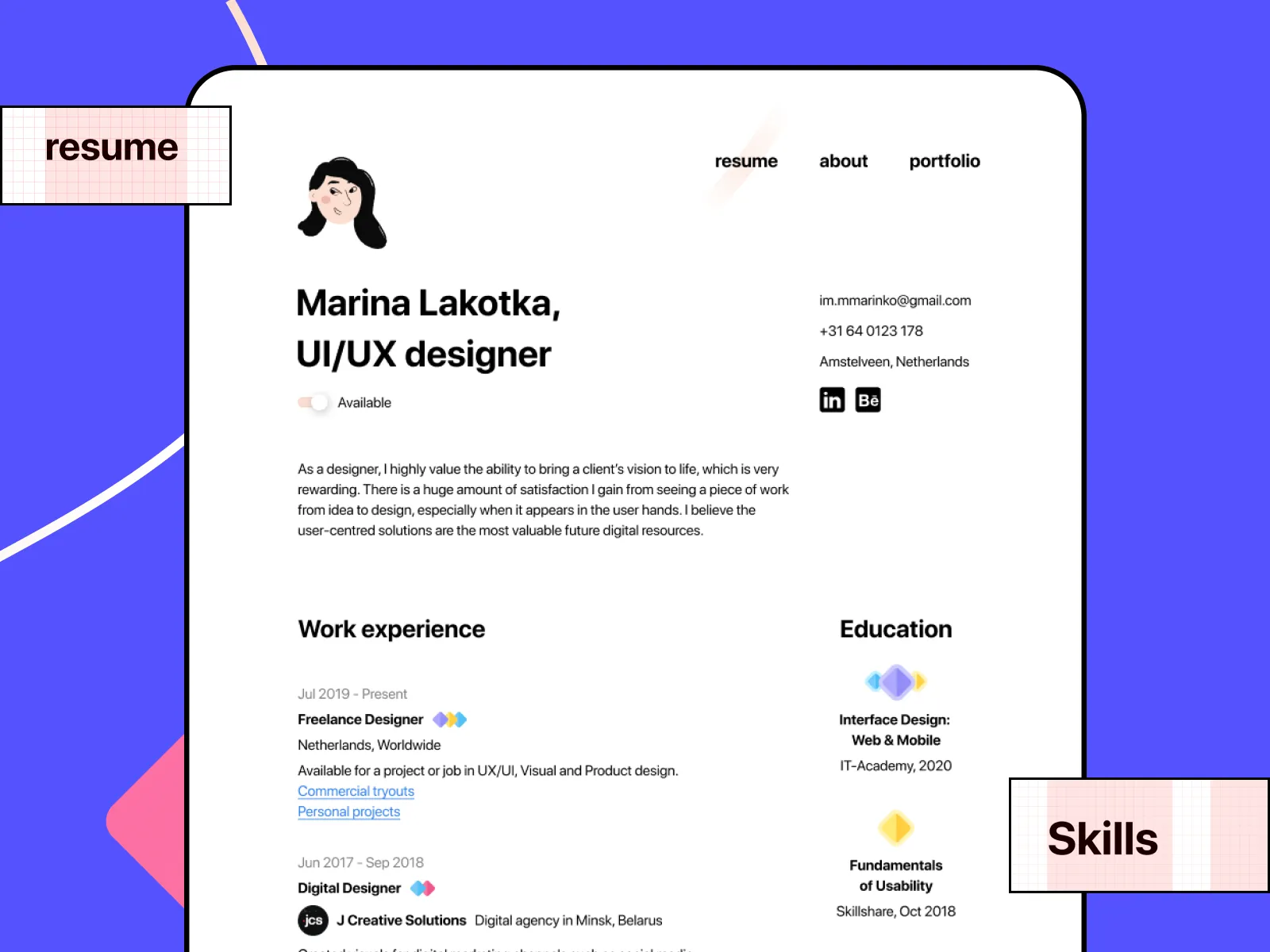 Minimal CV/Resume Template for Figma and Adobe XD No 2