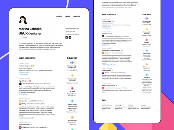Minimal CV/Resume Template for Figma and Adobe XD