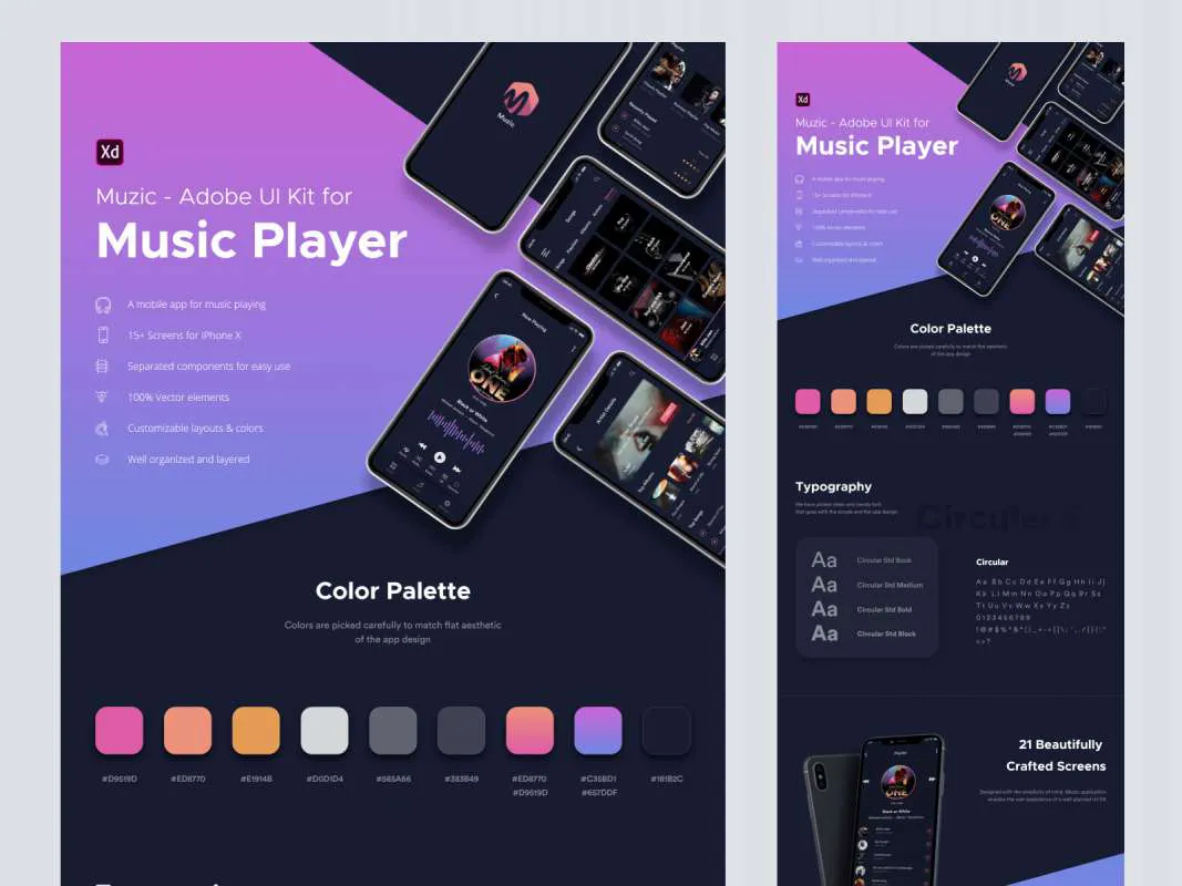 Muzic - Free Mobile UI Kit for Adobe XD for Figma and Adobe XD