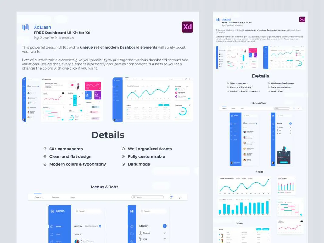 XdDash - Free Dashboard UI Kit for Adobe XD for Figma and Adobe XD