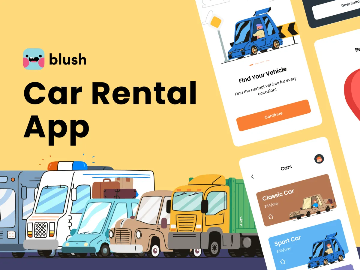 Car Rental App with Beep Beep Illustrations for Figma and Adobe XD