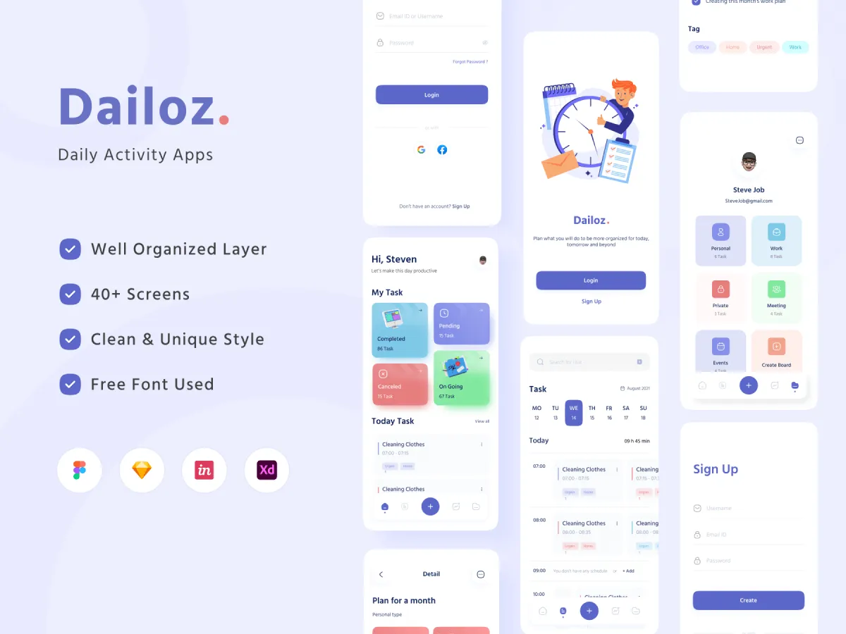 Daily Activity App UI Kit for Figma and Adobe XD