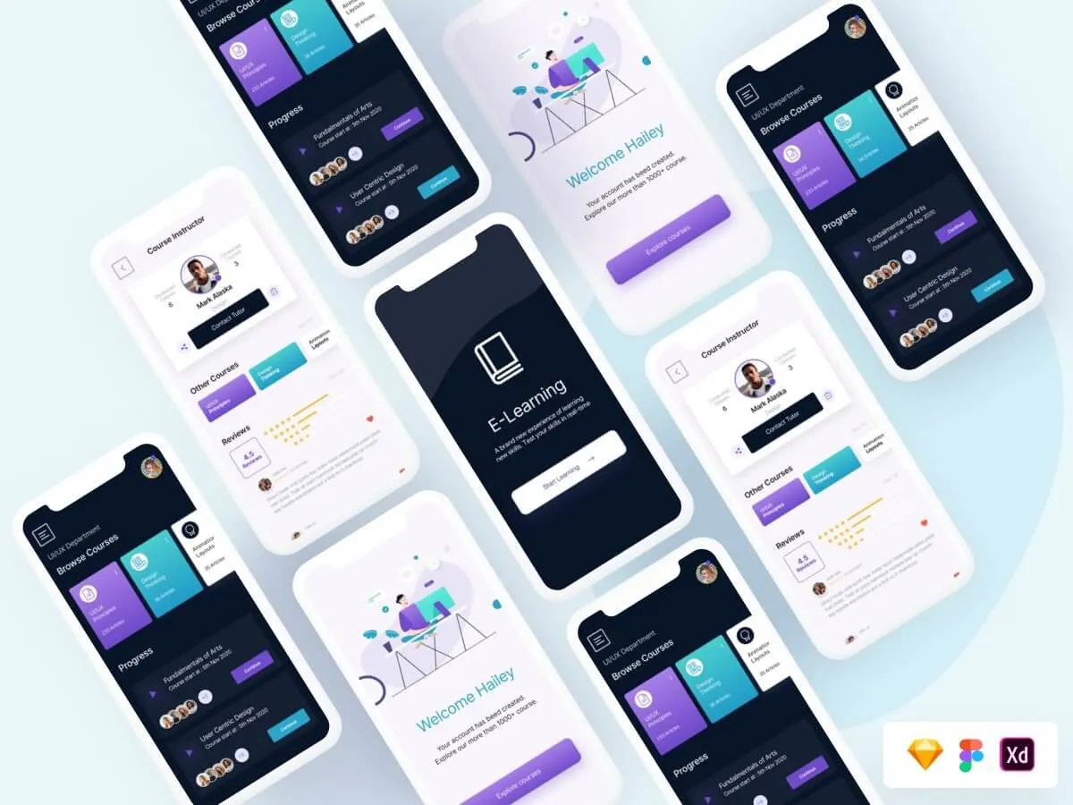 e-learning UI Screens for Figma and Adobe XD