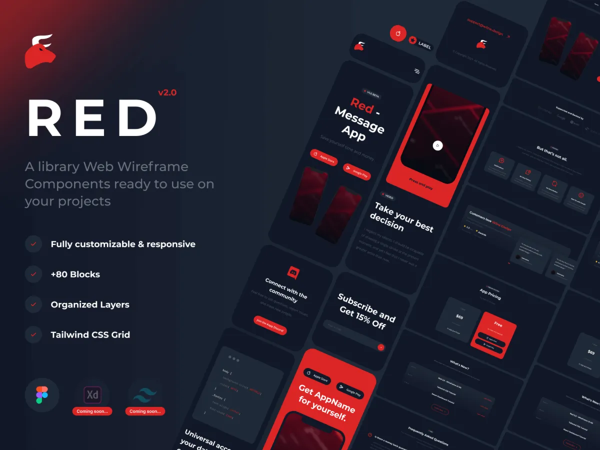 Red 2.0 – Wireframe UI Kit for Figma and Adobe XD