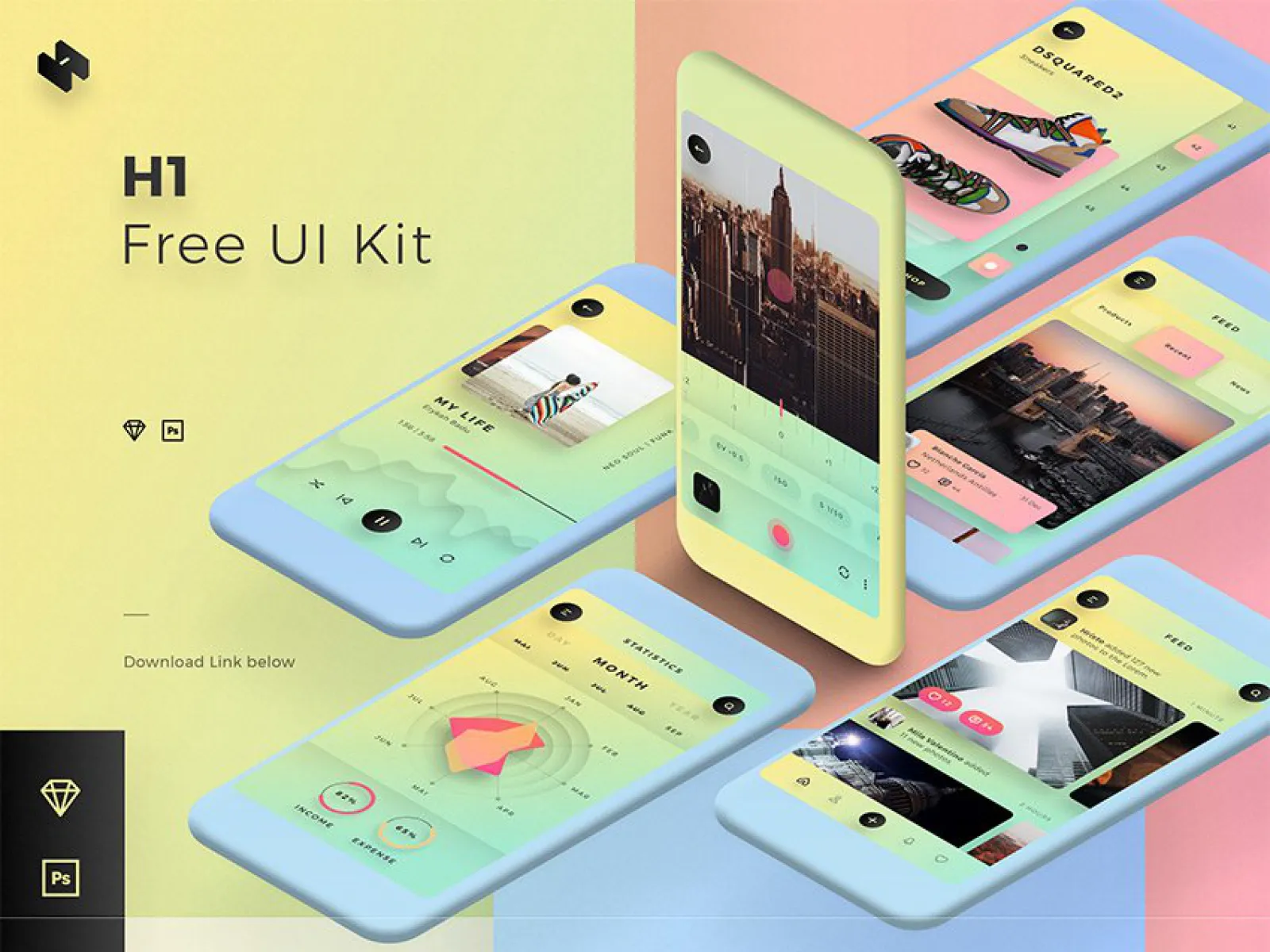 H1 Free App Design UI Kit for Figma and Adobe XD